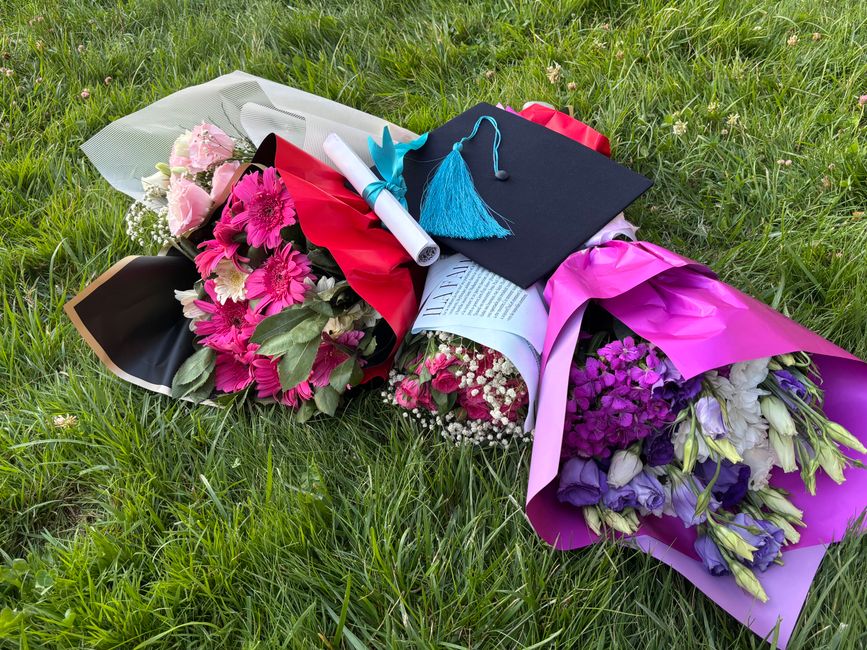 A collection of fresh flower bouquets arranged on a grassy field, featuring a variety of vibrant colours such as pink, purple, and white. The bouquets are wrapped in brightly coloured paper including