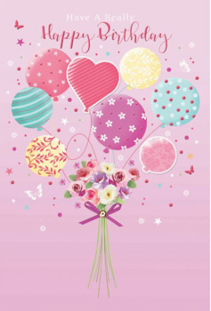 This charming birthday card illustration blends balloons, blossoms, and soft light into a dreamy scene that feels perfectly at home in Crofton Park's relaxed, creative atmosphere. A gentle pink backdrop frames the composition, evoking a calm evening glow over nearby parks and tree-lined streets. At the base of the image sits a hand-tied bouquet, carefully arranged so that each flower has room to breathe. Petite roses and soft, daisy-like blooms fill the cluster, their colours moving from creamy ivory at the outer petals to blush pink and mauve toward the centres, like the subtle gradients you see in real garden flowers along Ewhurst Road. The stems are held together with a shimmering purple bow, which loops and curls in an elegant flourish, suggesting the practiced hand of a skilled Crofton Park florist. Emerging from the heart of the bouquet, an uplifting cluster of pastel balloons rises gently upward. Their hues-pale yellow, seafoam green, warm pink, and lavender-blend harmoniously, giving the impression of a pastel rainbow. Each balloon is adorned with a lively pattern: twirling ribbon stripes, playful polka dots that seem to dance, delicate floral motifs, and soft swirling lines that create a sense of motion. A central heart-shaped balloon adds a layer of tenderness, ideal for expressing love on someone's birthday in SE4. Light appears to reflect off the balloons' glossy surfaces, forming subtle highlights and rounded shadows that make them look almost three-dimensional, while the flowers remain softly luminous and natural. Tiny butterflies and starlit accents float around the arrangement like confetti riding on a breeze. The overall feeling is one of gentle jubilation, a birthday greeting that whispers joy and thoughtfulness, as if crafted especially for the community around Crofton Park station.