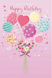 The birthday design depicted here is a whimsical tableau of flowers and balloons that could easily be imagined drifting above Crofton Park's rooftops on a bright spring morning. A soft pink background sets a warm, inviting stage, against which a hand-tied bouquet and a cluster of pastel balloons stand out with delicate detail. At the base, the bouquet is composed of small roses and anemone-like blooms in shades of ivory, blush, and muted mauve. Their petals look velvety and gently layered, as though they have just unfolded in the soft light that bathes the composition, reminiscent of the quiet glow across Hilly Fields at sunrise. The flower stems are drawn together and finished with a rich violet satin bow that catches the light with a subtle sheen, hinting at the care of a local florist who delights in finishing touches. Rising gracefully from the bouquet, pastel balloons float upward in an easy arc. Their colours-pale pinks, mint greens, lemon yellows, and gentle lavenders-feel both cheerful and calming. Each balloon features a different pattern, from candy-like stripes and dancing polka dots to dainty floral prints and swirling ribbons, giving the cluster a sense of movement and personality. A heart-shaped balloon in the middle radiates a feeling of affection and birthday love, ideal for celebrating someone special in SE4. Light reflects off the balloons' glossy surfaces, creating highlights that enhance their rounded forms, while tiny stars and butterfly silhouettes flutter around, adding a touch of enchantment. The overall scene is airy, sweet, and celebratory, like a birthday message lovingly imagined by Crofton Park Flowers for friends, neighbours, and families across the area.